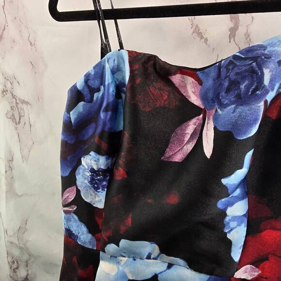 Vintage Gown Womens Large Blue Y2K Floral Satin Strapless Prom Hi Low Goth Punk - Picture 2 of 16